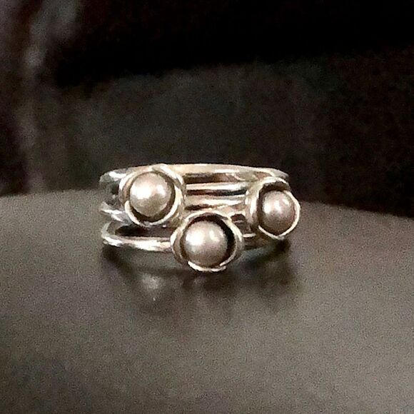 Genuine Pandora Three Wishes 3 Grey Pearl Sterling Silver Ring Rare HTF Size 56